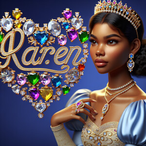 Craft a 3-D image showcasing the name 'KAREN' in a luxurious gol...