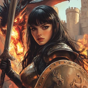 Design an image featuring a stoic female knight in medieval armor, posing in a fighting stance with a sword, facing a fire-breathing dragon with a majestic castle in the background. She has long, straight black hair with bangs, dark expressive eyes emphasized by eyeliner and eyeshadow, and arched, well-defined eyebrows. Her fair to medium skin tone is complemented by a warm, friendly smile with dimpled cheeks, a straight, well-proportioned nose, and full lips. The knight brandishes a shield, defending against the dragon's fiery onslaught, embodying the essence of a brave warrior engaged in battle.