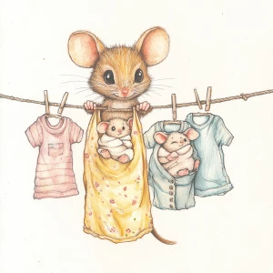 Cute mouse with expressive eyes, hanging laundry on a line which has lots of baby clothing hanging off it on clothing pins. She is adorable and has 2 little baby mice hanging from the line wrapped in blankets. Style is watercolor, with pencil outlines.