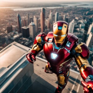 Ironman using his powers, above a sprawling cityscape, directly...
