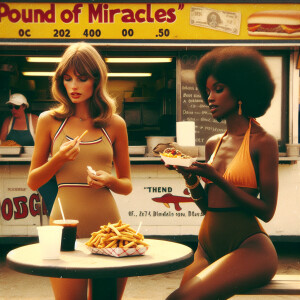 Create a grainy faded color film photograph from 1971 of two gor...