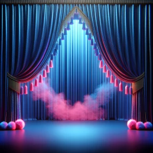 a  metallic blue thick cotton dream  with neon pink tassels at t...