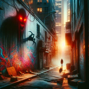 Twisted, nightmarish graffiti covering a decaying urban alleyway, dripping and pulsating with unnatural colors; a shadowy figure with glowing red eyes lurks in the background.