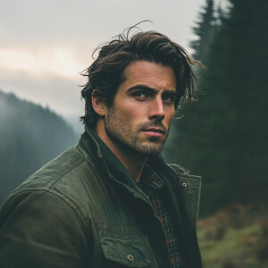 A rugged man with a slight stubble and messy, windswept hair, we...