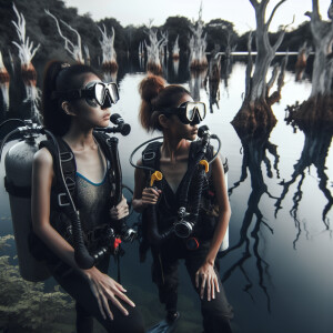 Two girls in scuba gear are standing near the lake and there are...