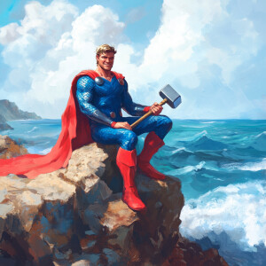 Create a vibrant scene featuring a heroic figure resembling a su...