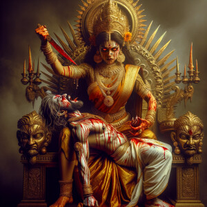 portrait of intense looking indian goddess sitting on a gold cr...
