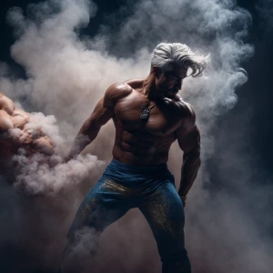 Create an image depicting a muscular male genie with gray hair,...