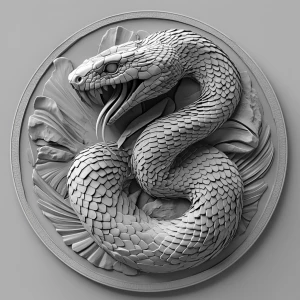 Design a high-contrast grayscale 3d bas relief of a cobra, The c...