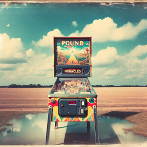 Faded film photograph of a pinball machine in the middle of a fi...