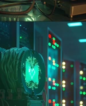 A photorealistic scene from a 1970s data center. An anthropomorp...