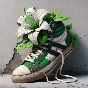 Create a 3D illustration featuring a GREEN, black, and white AIR...