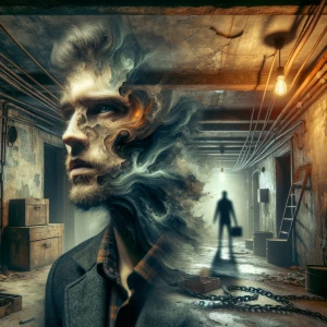 "Create a highly detailed, surreal portrait of a man in a neglec...