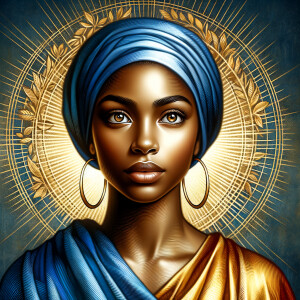 Create a beautiful African-American Jesus Christ with Hazel, brown eyes and blue and gold robe