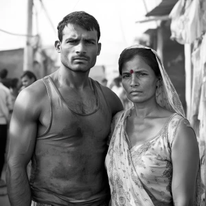 A muscular Indian man with a hardened, criminal appearance is st...