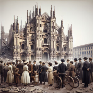 A damaged Milan Cathedral following Allied bombing during WWII,...