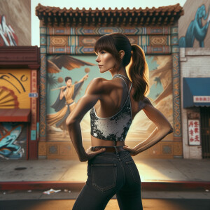 Athletic Thin skinny Attractive, Asian teenage girl, long brown hair and bangs, wearing tight skinny jeans and a halter top paint marks on her clothing, heroic pose Asian graffiti background, backside view