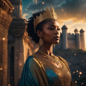 Visualize a striking Afrocentric Mixed Ethnicity woman standing...