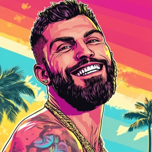 White muscular thin man with beard, big chin, smile and cheekbon...