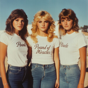 Color film photograph from 1975 of three beautiful 23-year-old w...