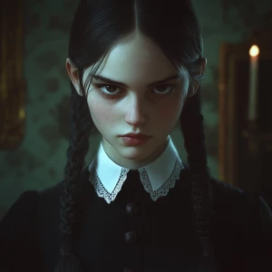 A brooding teenage girl with pale skin and piercing dark eyes, f...
