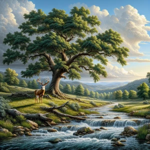 blue skies with white fluffy clouds, on the green grass is a oak...