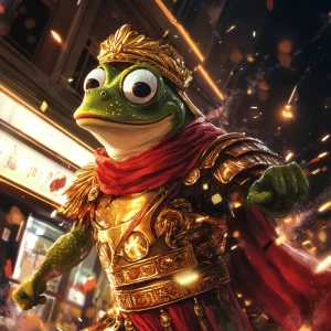 Pepe the Frog dressed as an ancient Roman emperor, wearing a gol...