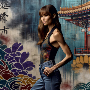 Very thin Athletic Thin skinny Attractive, Asian teenage girl, long brown hair and bangs, wearing tight skinny jeans and a halter top paint marks on her clothing, sitting side view heroic pose Asian graffiti