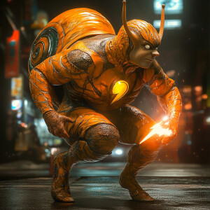 An anthropomorphic snail dressed in a fitted flash costume,  str...