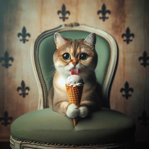 A cat sitting in a vintage sage green chair, holding and licking...