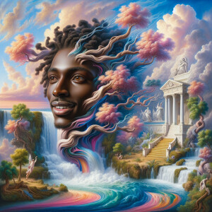 A hyper-realistic 3-D oil painting colorful waterfall with the f...