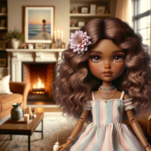 Create an image of a stylized, Latino brown skin doll-like girl seated in a cozy living room with a warm fireplace. She has voluminous, wavy hair cascading over her shoulders, tinted with shades of chestnut and mocha. Her large, expressive eyes are a deep brown, fringed with long, fluttery lashes. A delicate pink flower tucks behind one ear, complementing her youthful glow. She wears a pastel-striped summer dress with soft, flowing fabric that drapes elegantly over her small frame. Around her neck is a dainty necklace adorned with beads and a gentle sprinkle of gemstones reflecting subtle light. In her hand, she holds a pearly seashell as a charming accessory. Behind her, the living room is inviting, with plush furnishings, a mantelpiece adorned with family photos and trinkets, and a crackling fireplace that casts a comforting glow and dancing shadows around the room, enhancing the ambiance of a serene home setting