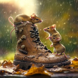 a family of mice scavenging in an old boot in the rain with rain...