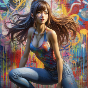 teenage girl, long brown hair and bangs, wearing tight skinny jeans and a halter top paint marks on her clothing, heroic pose Asian graffiti background, nearing on one knee