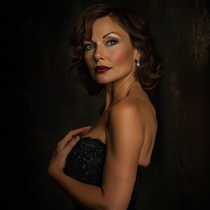 A beautiful woman in her 40s with an intense, smoldering gaze, h...
