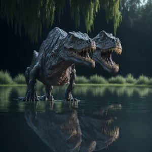 A realistic t-rex pushing aside water rushes  to afford him a vi...