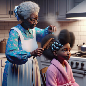 Create a realistic 3-D image of an african-American grandmother wearing a blue house dress and a white apron . She is in the kitchen with her african-American granddaughter. Her granddaughter is wearing a pink bath robe. The grandmother has a hot comb in her hand and she is straightening her granddaughters hair. One side of her granddaughters hair is in  a Afro the other straight 
There is smoke coming from the hot comb
The granddaughter is making a face