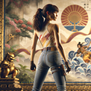 Athletic Thin skinny Attractive, Asian teenage girl, long brown hair and bangs, wearing tight skinny jeans and a halter top paint marks on her clothing, heroic pose Asian graffiti background, backside view