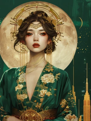 portrait of a celestial Art Deco heroine, emerald green and gold...