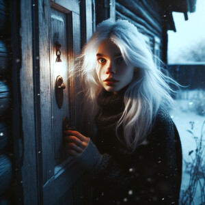 A girl with white hair knocks on a house with no light at night...