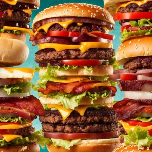 A double cheeseburger with bacon top with onions, tomatoes, lett...