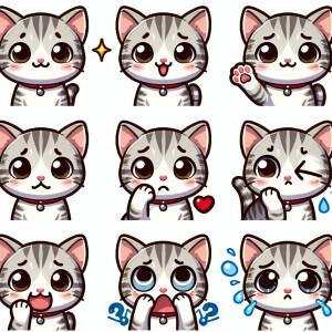 Create a sticker pack for me featuring a cute gray-and-white kit...