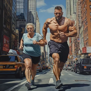Hyperrealistic painting, a muscular, perspiring man jogging alon...