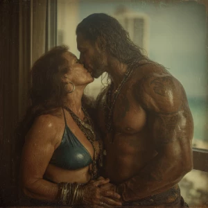 Hyperrealism ,a latin muscular beefy tattoed sweaty man kissin...