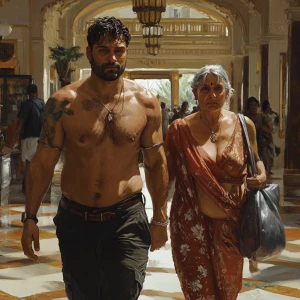 realistic art.A sweaty beefy man walking with his 54 year old in...