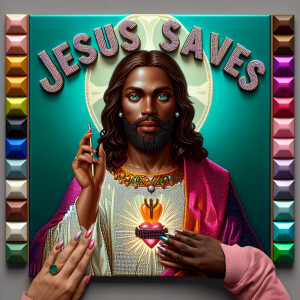 A 3D realistic artwork featuring the phrase 'Jesus Saves' adorne...
