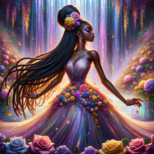 Remix Prompt
S/O Jackie Torres
S/O Panda Locke

create a animated style hyper realistic airbrush whimsical oil painting of a light African American woman wearing a flawless beautiful purple, pink, and gold blossom dress long flowing with colorful flowers and ruffles on the dress colorful jewelry made of flowers she has long black dreadlocks in a bun a colorful rose in her hair her peep toe shoes is matching her dress behind her is a beautiful waterfall liquid glowing lights beautiful colorful rainbow surrounded by beautiful roses.