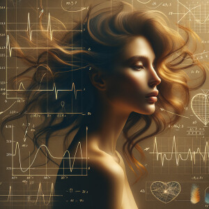 Abstract, minimalist, art cardiogram, charts complex, mathematical formulas, spontaneous lines, and paint marks, paint in hair, golden ratio