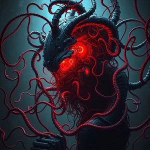 A nightmarish labyrinthine network of twisted, glowing cyberneti...