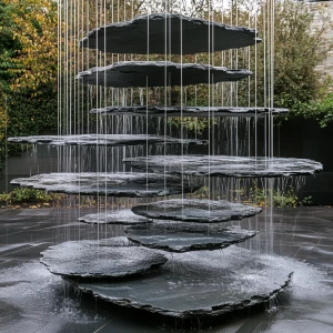 Creates an image of a gravity-defying fountain composed of separ...
